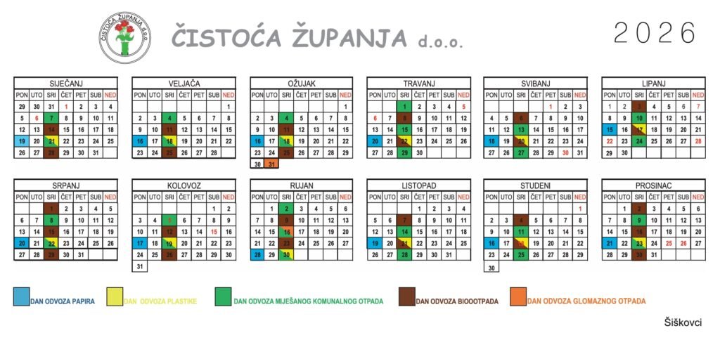 Kalendar odvoza otpada Županja 2026.