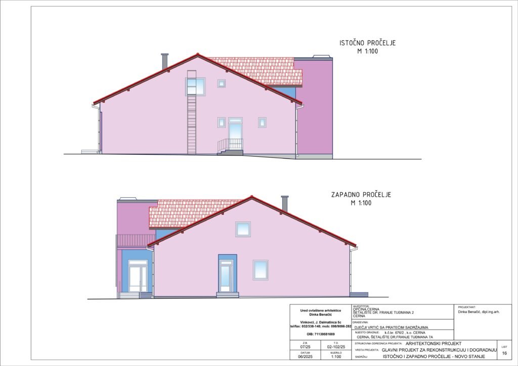 Crtež istočnog i zapadnog pročelja zgrade.