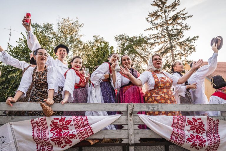 Sudionici u nošnjama na zaprežnim kolima tijekom Žetvenih svečanosti
